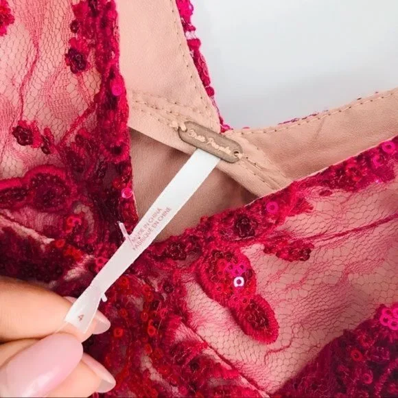 FREE PEOPLE Night Shimmer Embroidered Floral Sequin Lace Mesh Mini Dress Size 4 - Picture 4 of 15